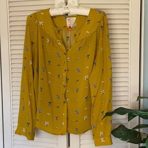 Anthropologie Mustard Bow Print Women's Blouse